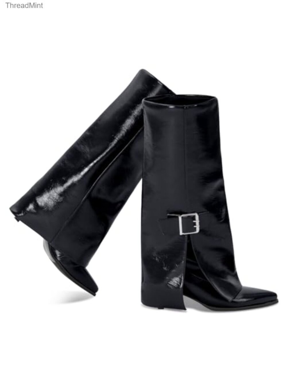 Women's Knee High Faux Leather Shark Boots Fold Over Pointed Toe Kitten Heel